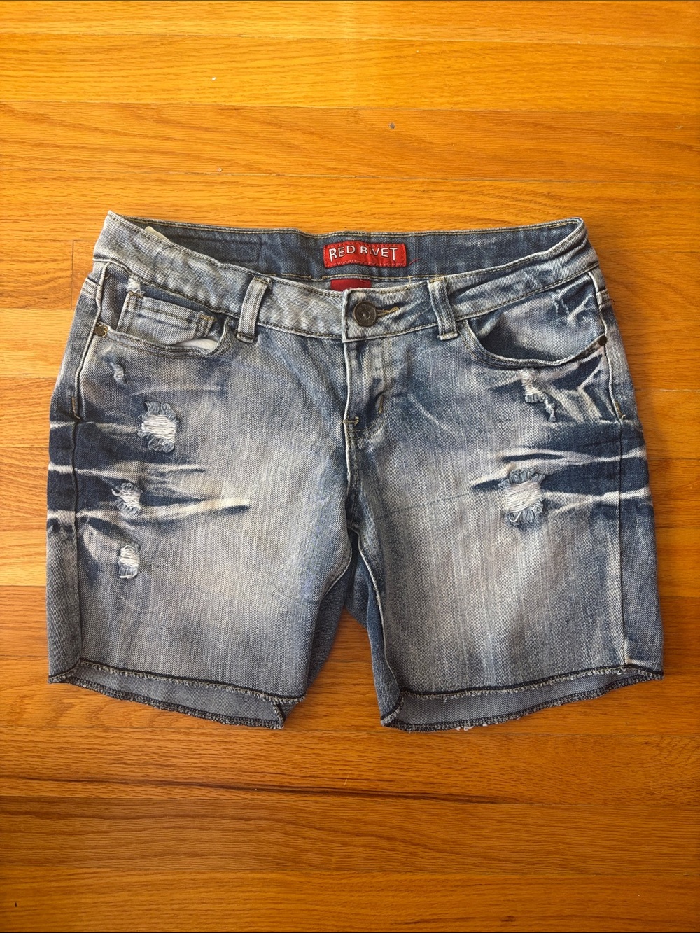 Red Rivet Distressed Denim Shorts - Juniors Size 5